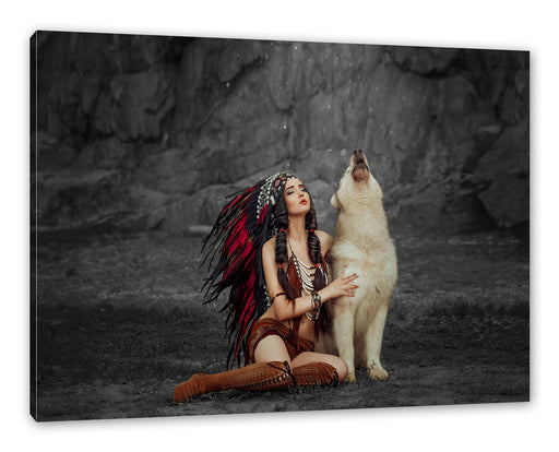 Indianische Frau und heulender Wolfshund B&W Detail Leinwanbild Rechteckig