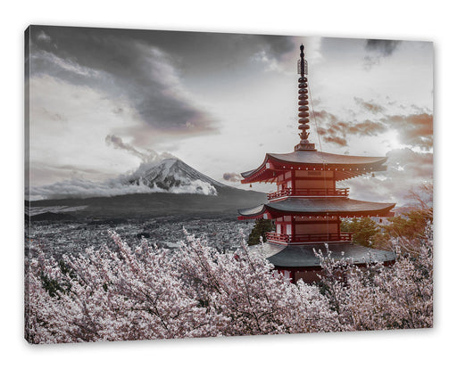 Japanischer Tempel zwischen Kirschblüten B&W Detail Leinwanbild Rechteckig