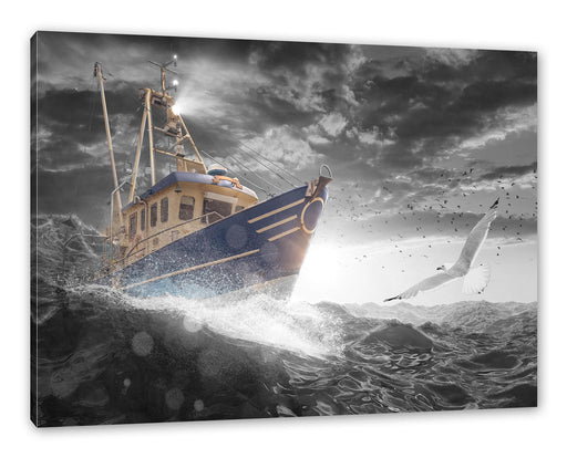 Fischerboot im Sturm auf hoher See B&W Detail Leinwanbild Rechteckig