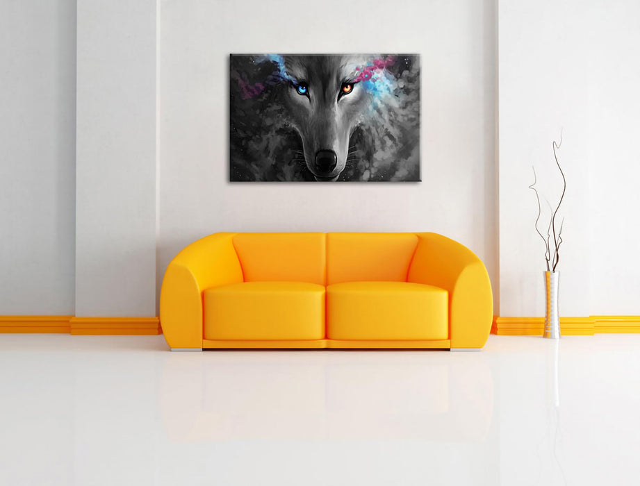 Abstrakter Wolf mit rauchenden Augen B&W Detail Leinwanbild Wohnzimmer Rechteckig