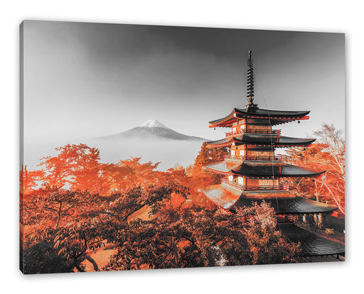Japanischer Tempel in bunten Baumwipfeln B&W Detail Leinwanbild Rechteckig