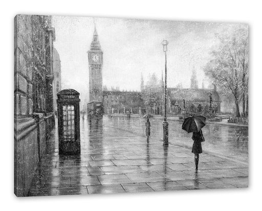 Regentag in London mit Big Ben, Monochrome Leinwanbild Rechteckig