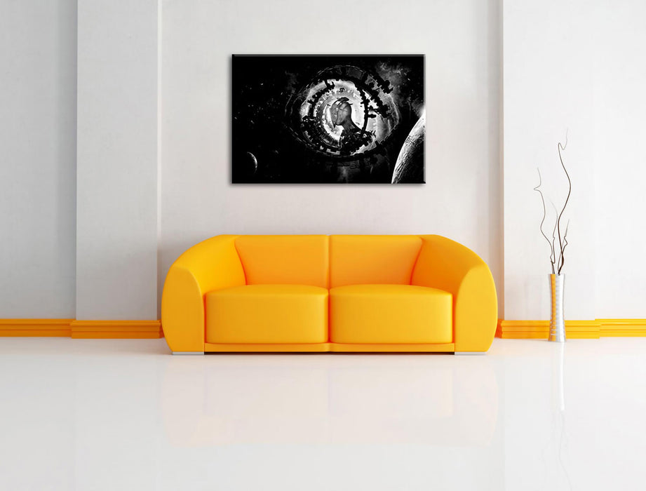 Abstraktes Auge mit Alien im Weltraum, Monochrome Leinwanbild Wohnzimmer Rechteckig