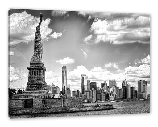 Freiheitsstatue mit New Yorker Skyline, Monochrome Leinwanbild Rechteckig