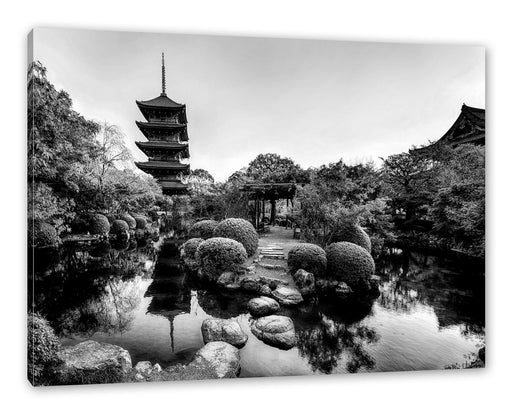 See im Herbst vor japanischem Tempel, Monochrome Leinwanbild Rechteckig