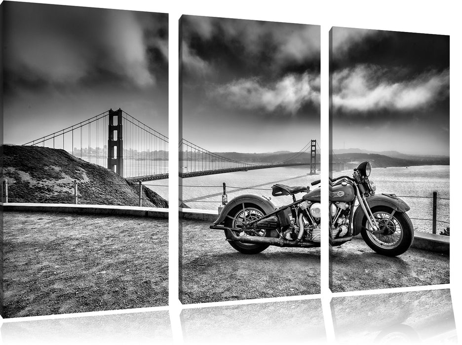 Motorrad an Golden Gate Bridge B&W Leinwandbild 3 Teilig