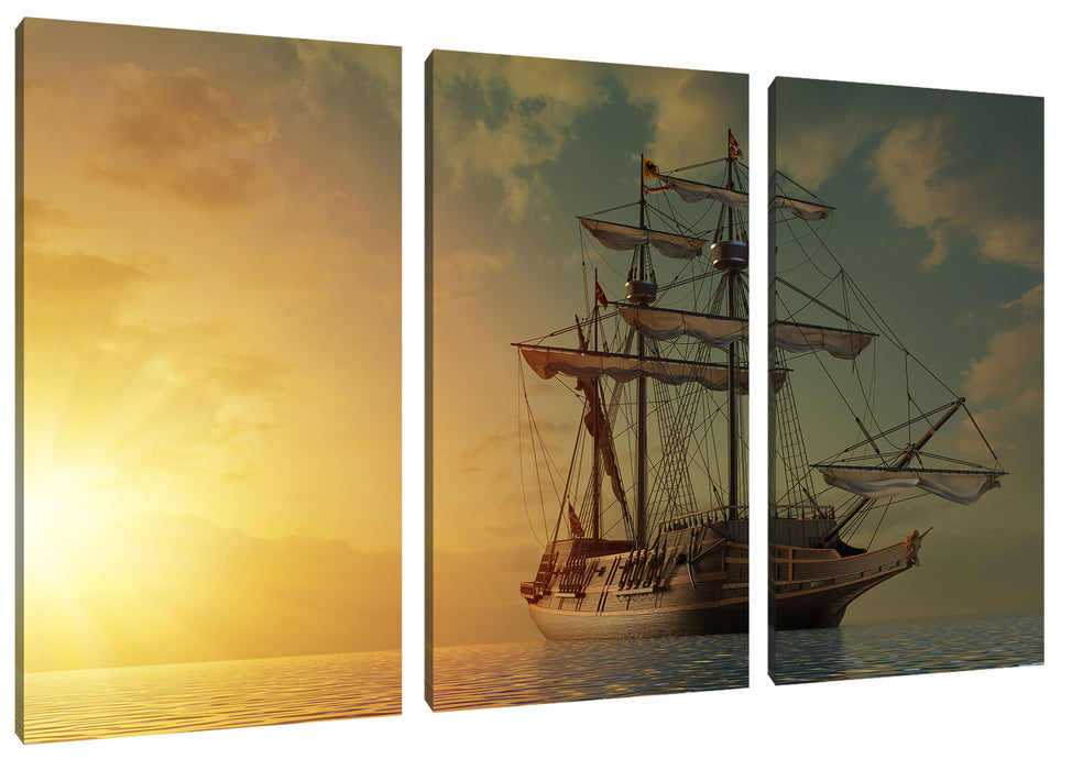 Großes Segelschiff im Sonnenuntergang Leinwanbild 3Teilig