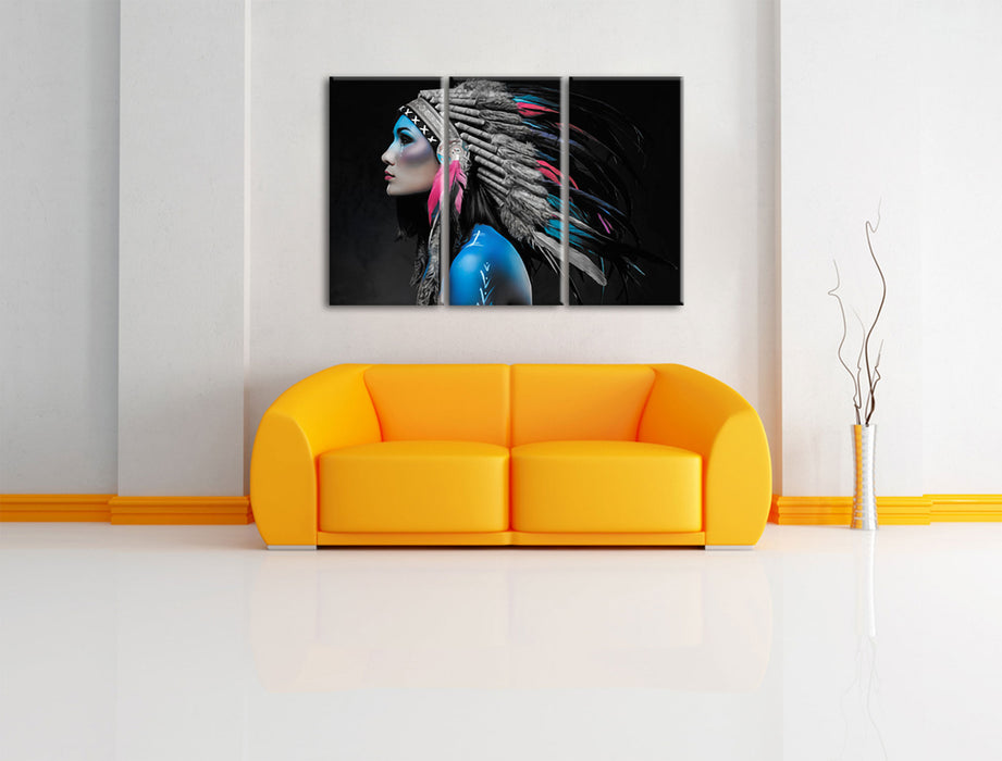 Frau mit buntem indianischen Kopfschmuck B&W Detail Leinwanbild Wohnzimmer 3Teilig