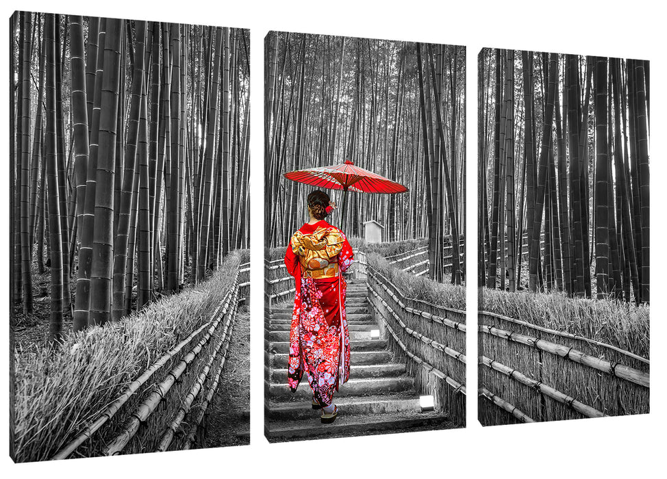 Frau im janapischen Kimono im Bambuswald B&W Detail Leinwanbild 3Teilig