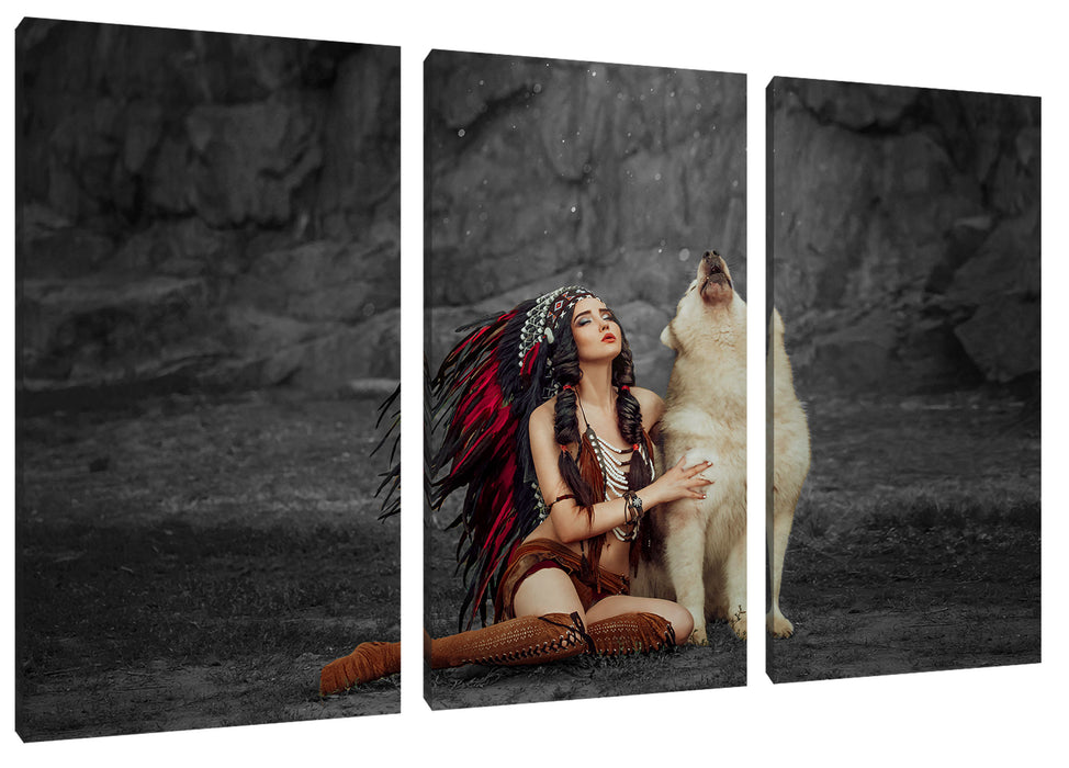 Indianische Frau und heulender Wolfshund B&W Detail Leinwanbild 3Teilig