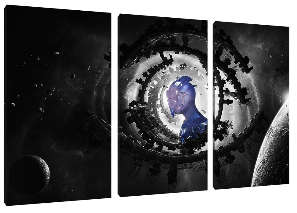 Abstraktes Auge mit Alien im Weltraum B&W Detail Leinwanbild 3Teilig