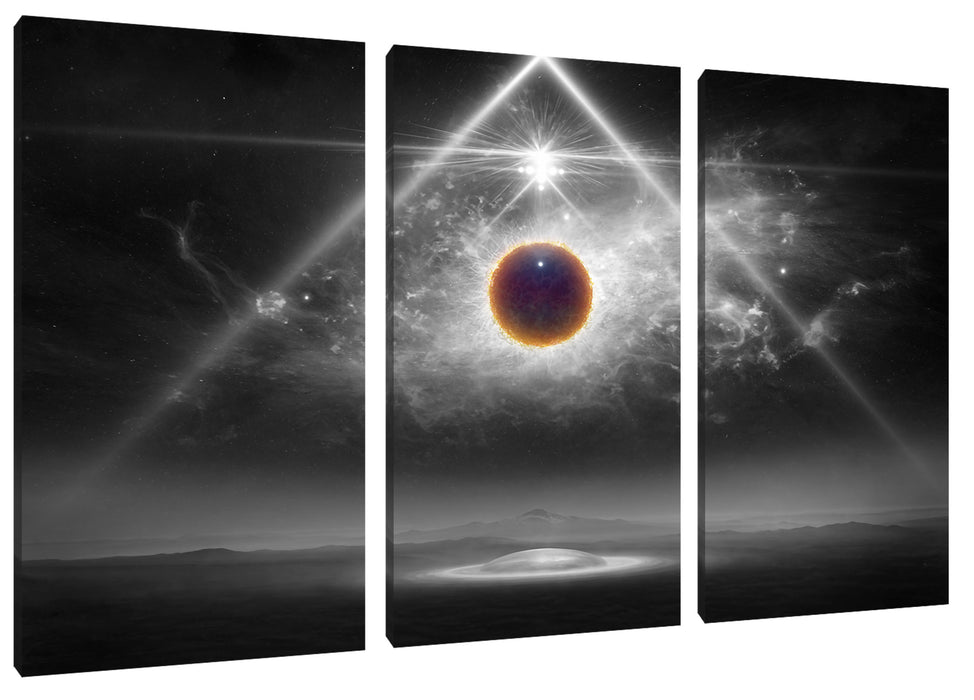 Science Fiction Collage Planeten im Weltraum B&W Detail Leinwanbild 3Teilig