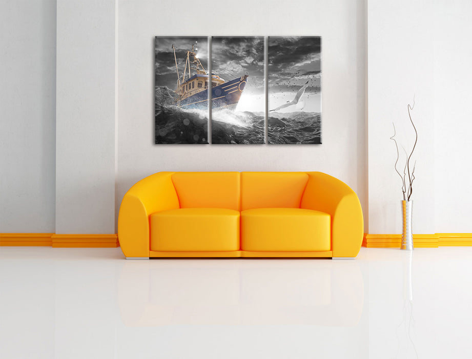 Fischerboot im Sturm auf hoher See B&W Detail Leinwanbild Wohnzimmer 3Teilig