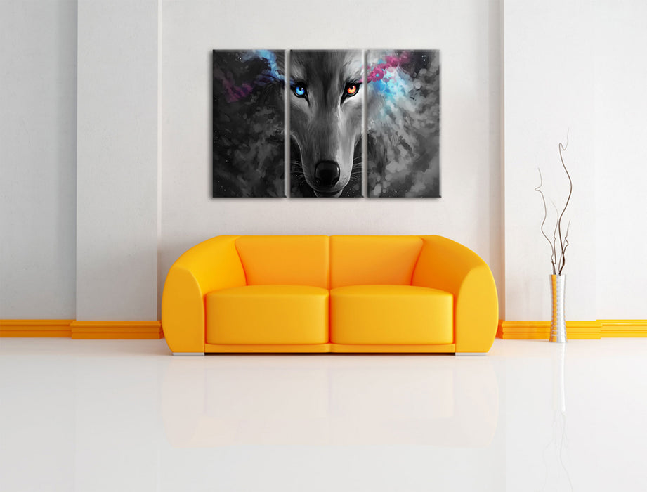 Abstrakter Wolf mit rauchenden Augen B&W Detail Leinwanbild Wohnzimmer 3Teilig