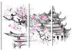 Japanischer Tempel Wasserfarben B&W Detail Leinwanbild 3Teilig