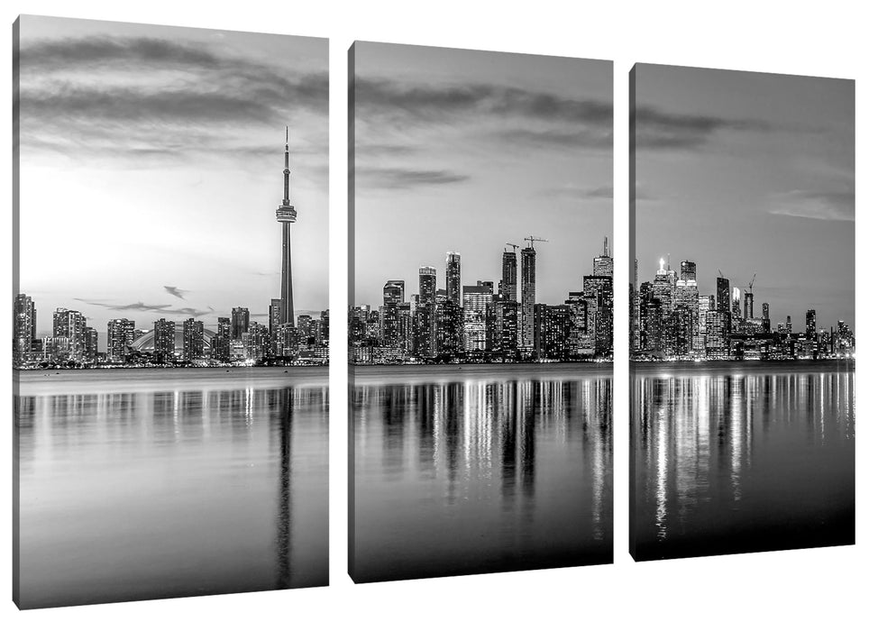 Skyline Toronto in der Abenddämmerung, Monochrome Leinwanbild 3Teilig