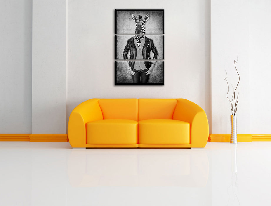 Zebrakopf Menschenkörper mit Lederjacke, Monochrome Leinwanbild Wohnzimmer 3Teilig