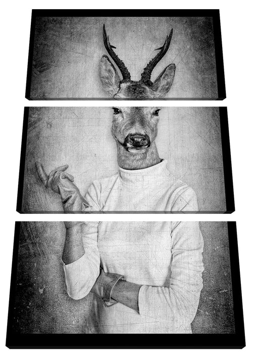 Hirschkopf Menschenkörper im Pullover, Monochrome Leinwanbild 3Teilig