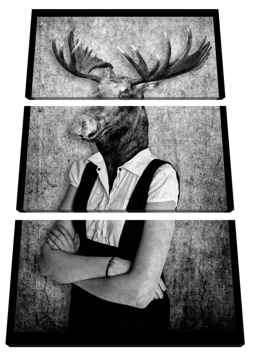 Elchkopf mit Menschenkörper, Monochrome Leinwanbild 3Teilig