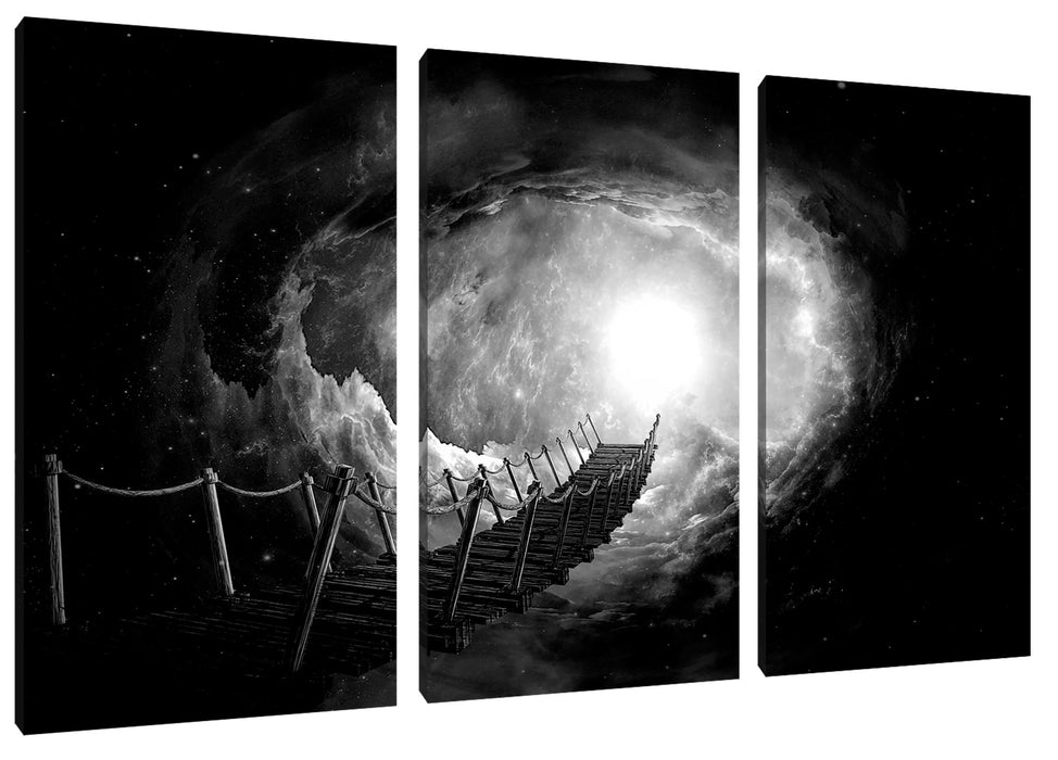 Fantasie Brücke in den Himmel, Monochrome Leinwanbild 3Teilig