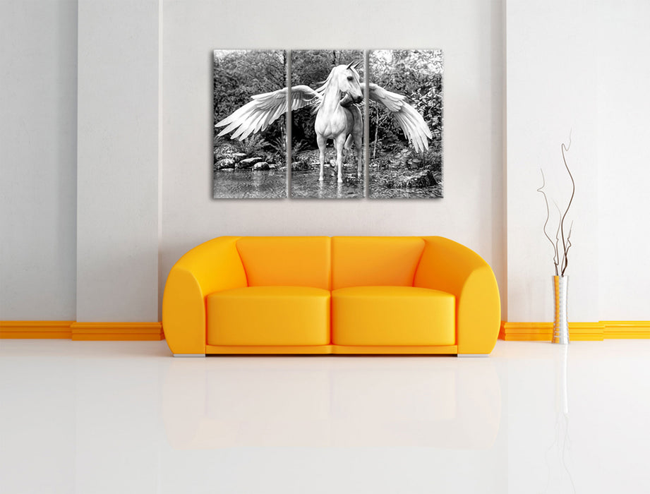 Pegasus im Fluss eines Herbstwaldes, Monochrome Leinwanbild Wohnzimmer 3Teilig