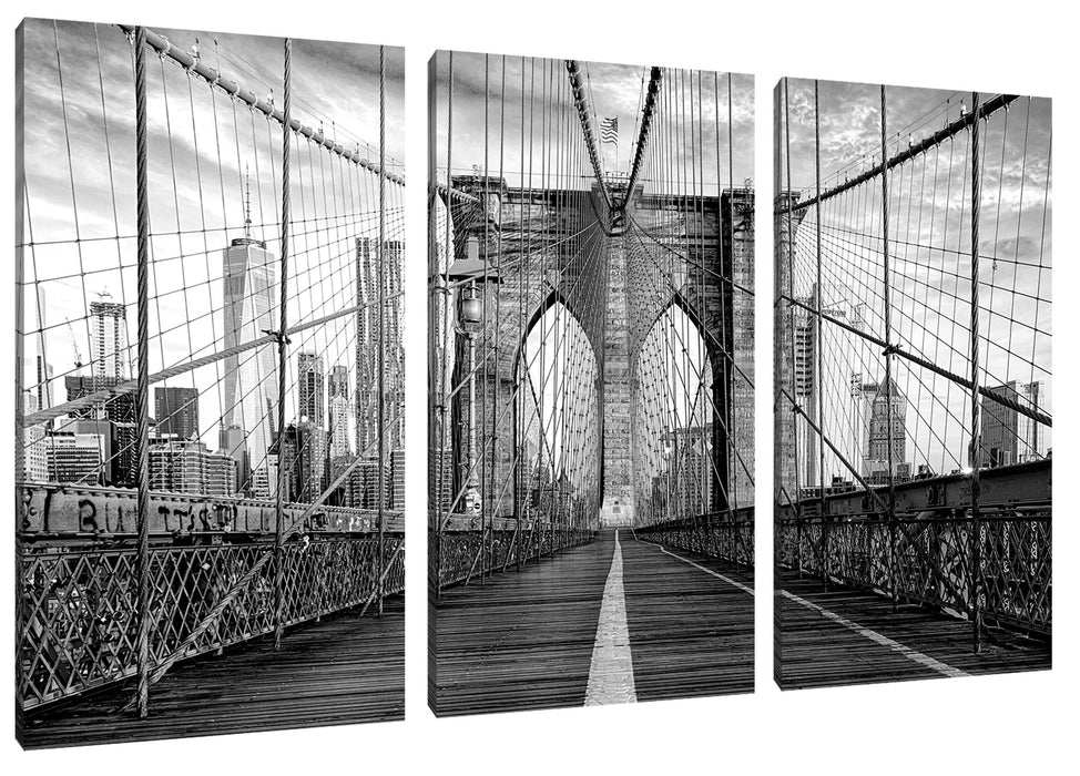 Leere Brooklyn Bridge in New York City, Monochrome Leinwanbild 3Teilig