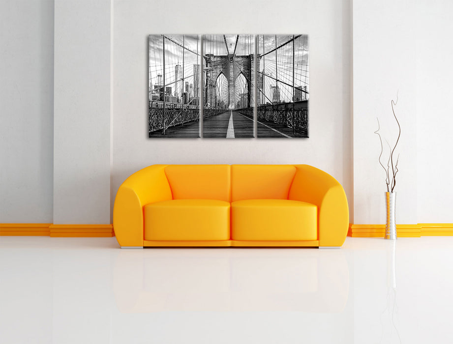 Leere Brooklyn Bridge in New York City, Monochrome Leinwanbild Wohnzimmer 3Teilig