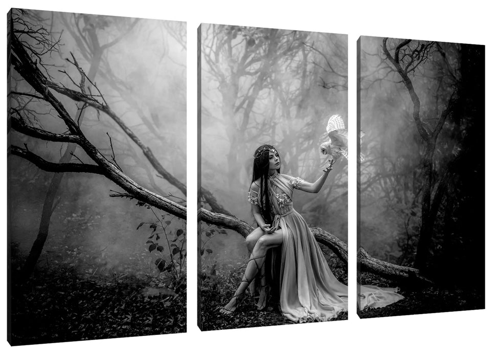 Mystische Schönheit im nebeligen Wald, Monochrome Leinwanbild 3Teilig
