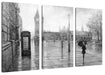 Regentag in London mit Big Ben, Monochrome Leinwanbild 3Teilig