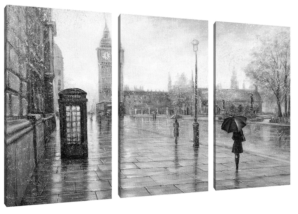 Regentag in London mit Big Ben, Monochrome Leinwanbild 3Teilig