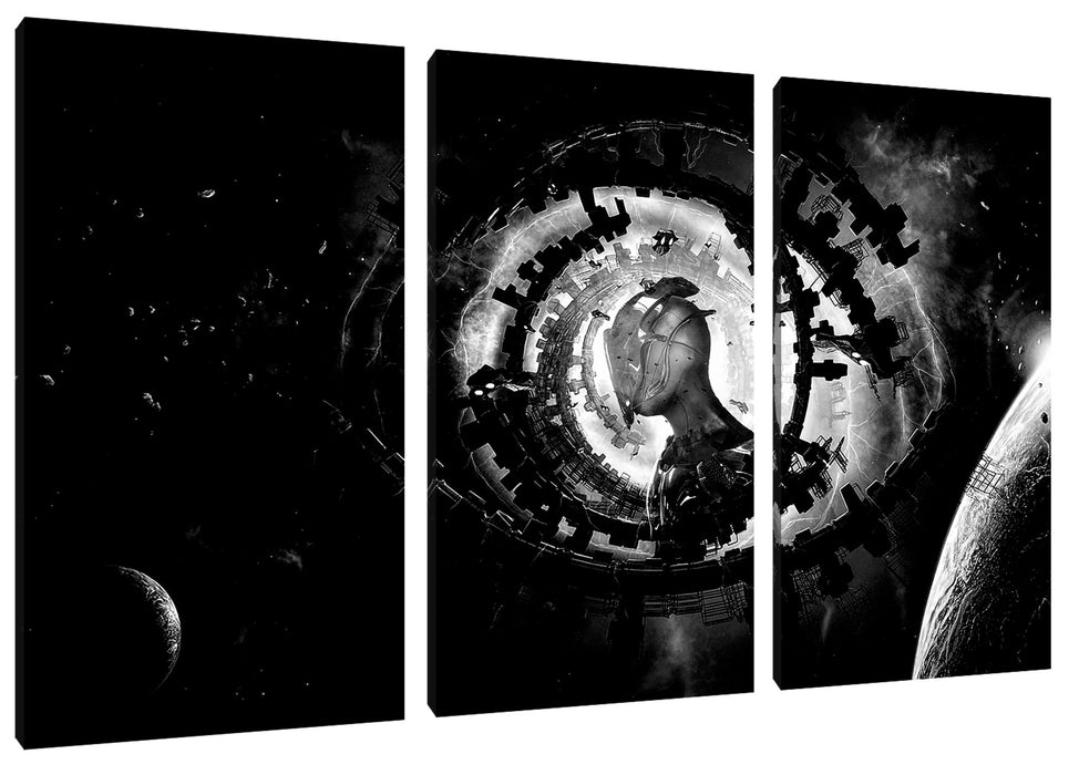 Abstraktes Auge mit Alien im Weltraum, Monochrome Leinwanbild 3Teilig