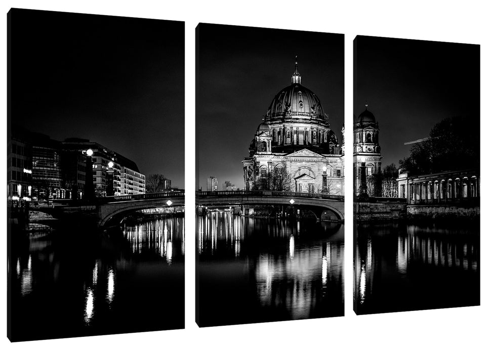 Berliner Dom an der Spree bei Nacht, Monochrome Leinwanbild 3Teilig
