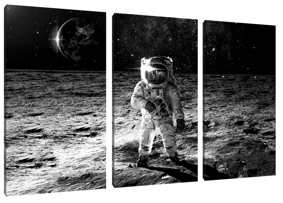 Einsamer Astronaut auf dem Mond, Monochrome Leinwanbild 3Teilig