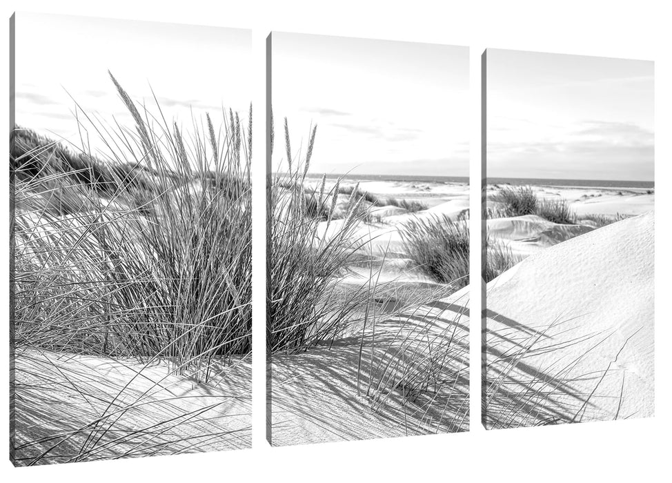 Grasige Dünenlandschaft am Meer, Monochrome Leinwanbild 3Teilig