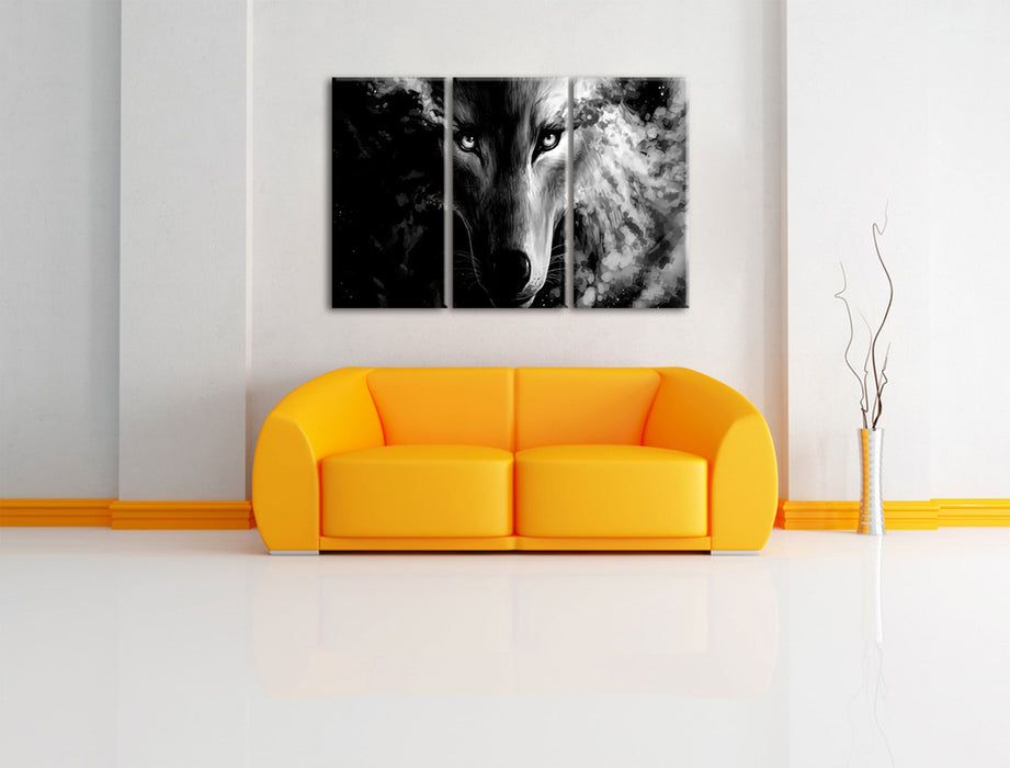 Abstrakter Wolf mit rauchenden Augen, Monochrome Leinwanbild Wohnzimmer 3Teilig