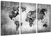Weltkarte auf altem Holz, Monochrome Leinwanbild 3Teilig
