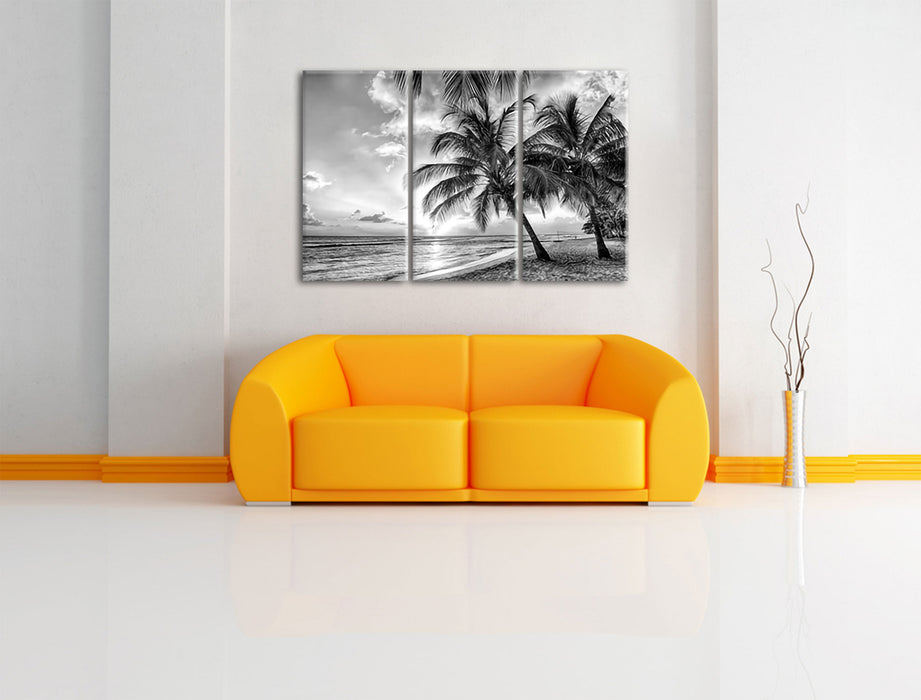 Palmen im Sonnenuntergang auf Barbados, Monochrome Leinwanbild Wohnzimmer 3Teilig