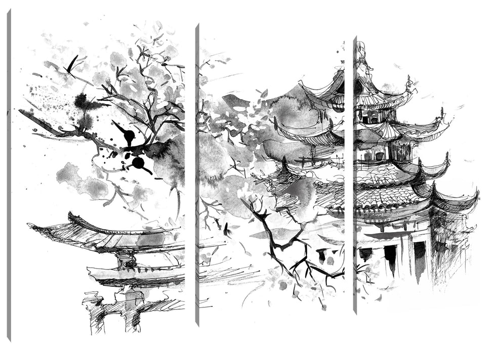 Japanischer Tempel Wasserfarben, Monochrome Leinwanbild 3Teilig