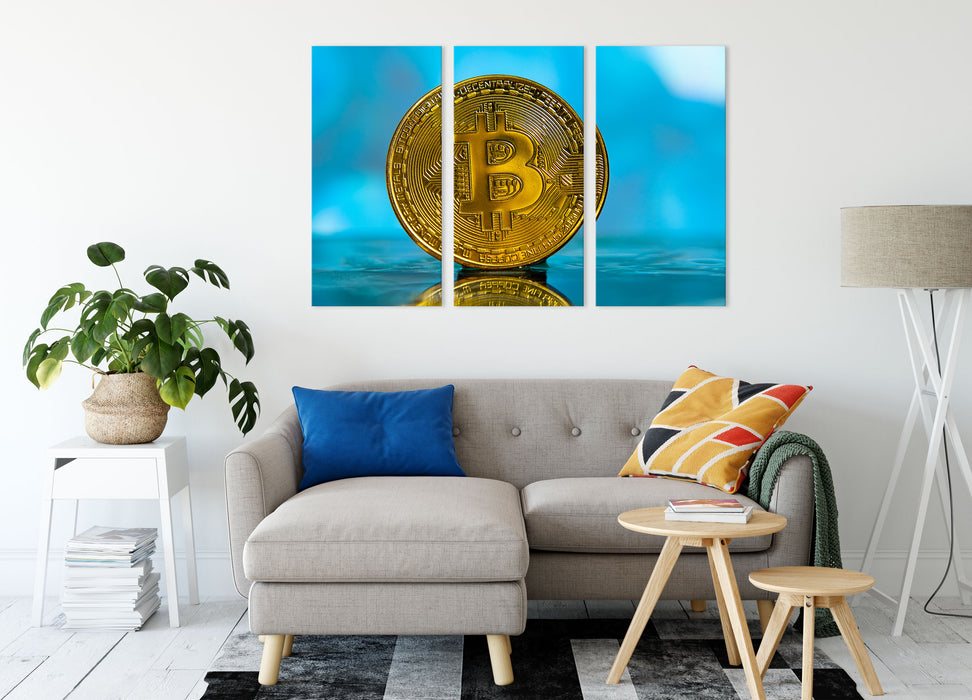 Bitcoin BTC reflektiert Wasser Leinwandbild Wohnzimmer 3Teilig