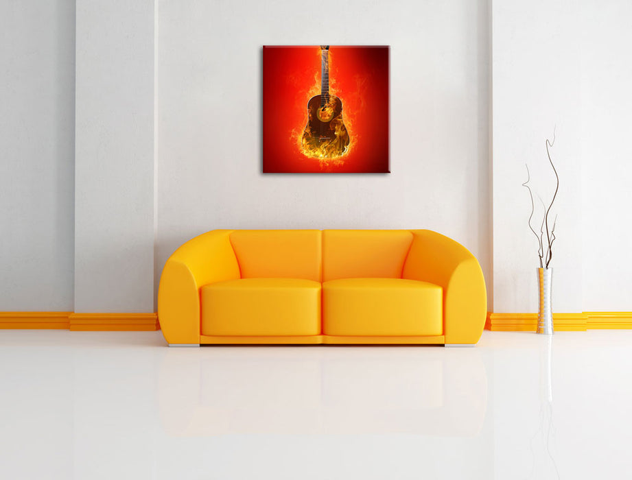 Brennende Gitarre Heiße Flammen Leinwandbild Quadratisch über Sofa