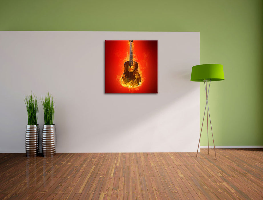 Brennende Gitarre Heiße Flammen Leinwand Quadratisch im Flur