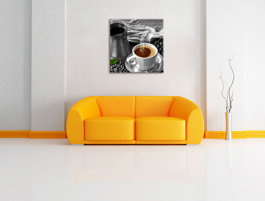 Kaffe mit Kännchen Leinwandbild Quadratisch über Sofa