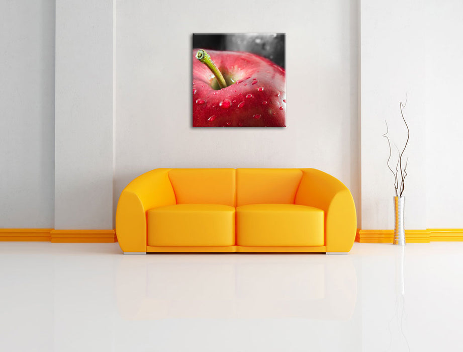 roter Apfel mit Wassertropfen Leinwandbild Quadratisch über Sofa