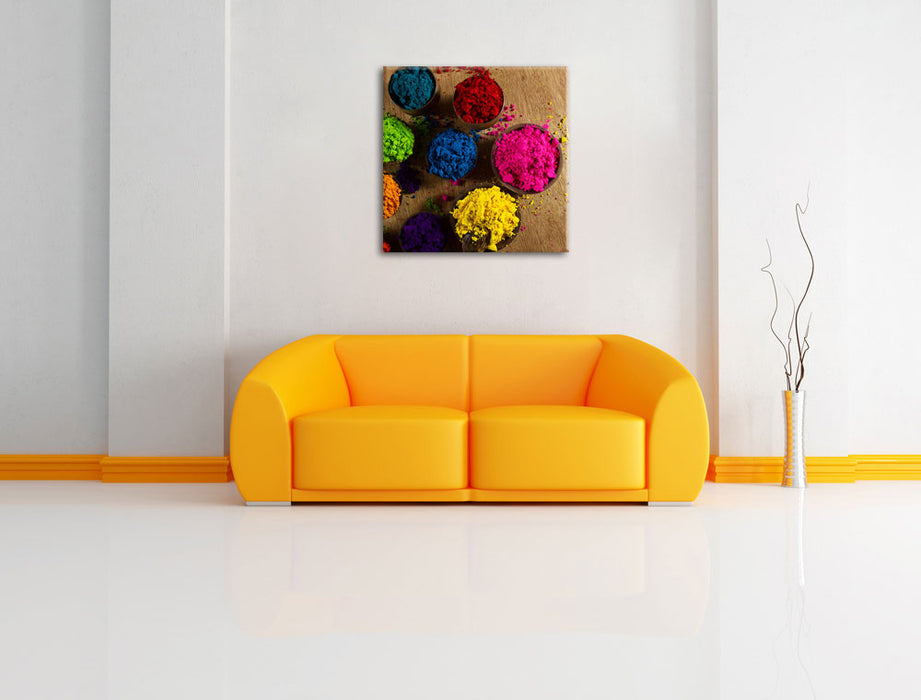 Indisches Farbpulver Leinwandbild Quadratisch über Sofa