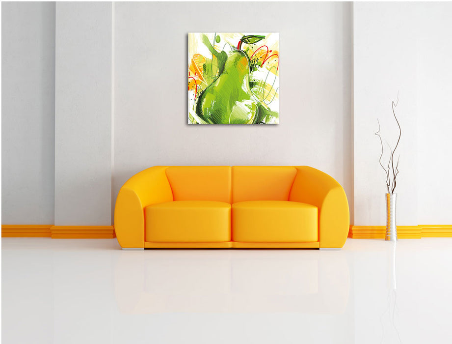 Künstlerisch gezeichnete Birne Leinwandbild Quadratisch über Sofa