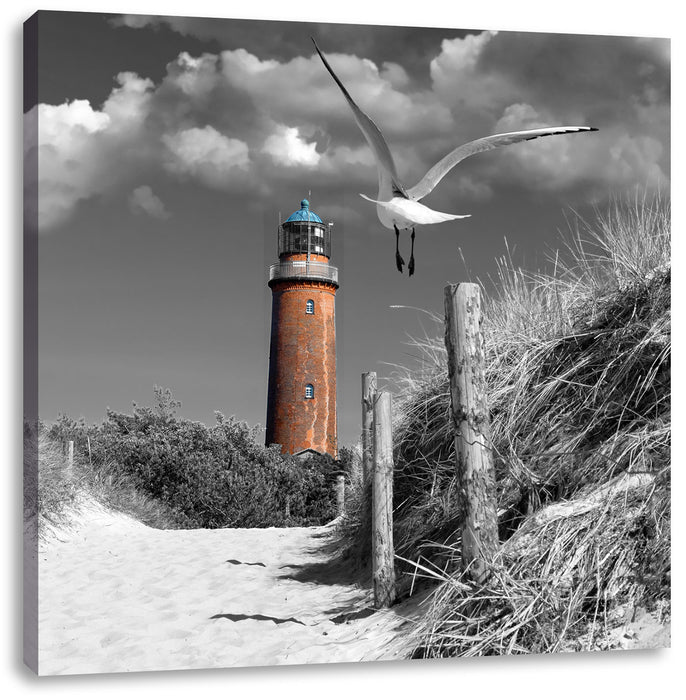 Leuchtturm mit Möwe an Strandweg Leinwandbild Quadratisch