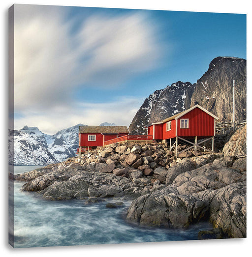 Einsames rotes Haus am Meer in Norwegen Leinwanbild Quadratisch