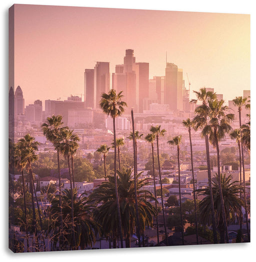 Palmen vor Skyline von Los Angeles Leinwanbild Quadratisch