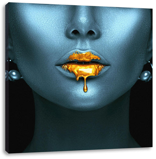 Frauenmund mit goldenem Gloss Leinwanbild Quadratisch
