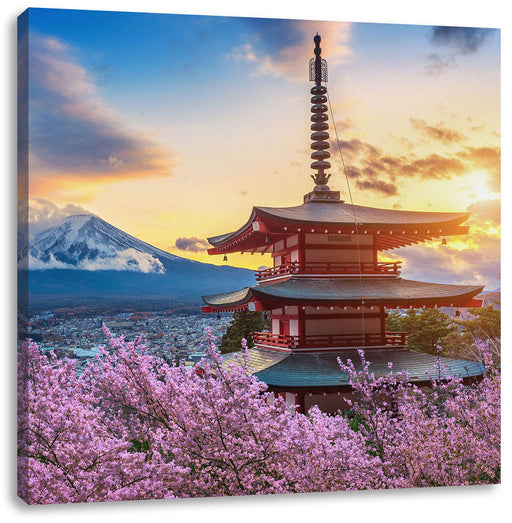 Japanischer Tempel zwischen Kirschblüten Leinwanbild Quadratisch
